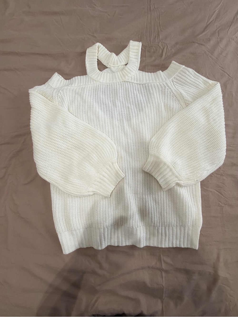 Women’s Cream Cold-Shoulder Knit Sweater with Keyhole Neck